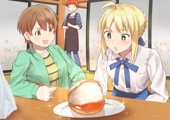 1boy 2girls absurdres artoria_pendragon_(fate) blonde_hair braid brown_eyes brown_hair crown_braid emiya-san_chi_no_kyou_no_gohan emiya_shirou fate_(series) food food_focus green_eyes highres light_blush maritozzo multiple_girls open_mouth pastry plate red_hair shouji sliding_doors star_(symbol) star_in_eye symbol_in_eye user_hegd7837