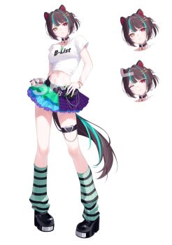 1girl animal_ear_piercing animal_ears animal_hair_ornament anti-eyebrow_piercing aqua_hair aqua_tail bell belt black_belt black_collar black_shoes blue_skirt bone_hair_ornament bracelet breasts brown_hair brown_tail chain closed_mouth clothes_writing collar cropped_shirt dog_ears dog_girl dog_tail eyelashes face_piercing frilled_skirt frills full_body green_nails green_skirt green_socks hair_ornament hand_on_own_hip head_tilt heterochromia highres inui_toko jewelry jingle_bell layered_skirt looking_at_viewer loose_socks medium_breasts midriff miniskirt multicolored_hair multiple_belts multiple_bracelets multiple_necklaces multiple_views nail_polish navel neck_bell nijisanji official_alternate_costume official_art one_eye_closed pendant pendant_collar piercing platform_shoes ponytail purple_skirt red_eyes sample_watermark shirt shoes short_ponytail short_sleeves simple_background skirt smile socks song_name standing streaked_hair striped_clothes striped_socks t-shirt tail thigh_strap two-tone_hair two-tone_tail very_long_fingernails virtual_youtuber watermark white_background white_shirt yellow_eyes yuki_hare1130