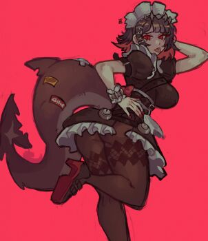 1girl absurdres arm_behind_head black_dress black_hair black_pantyhose black_shoes breasts colored_inner_hair commentary dress ellen_joe english_commentary fingernails fins fish_tail frilled_dress frilled_wristband frills from_behind hairband hand_on_own_hip high_heels highres large_breasts looking_at_viewer looking_back maid maid_headdress metal_hairband mole mole_under_eye multicolored_hair nail_polish pantyhose parted_bangs razor_blade_hair_ornament red_background red_eyes red_nails scar scar_on_tail shark_girl shark_tail shoes short_dress short_hair simple_background solo standing standing_on_one_leg tail tongue tongue_out widisu zenless_zone_zero