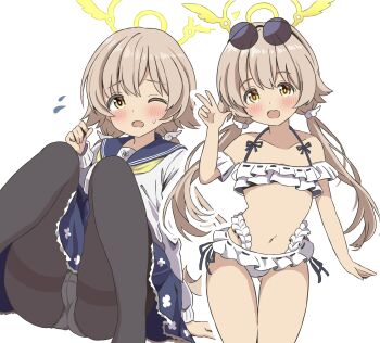 Rule 34 | 1girl, absurdres, bikini, blue archive, cardigan, eyewear on head, frilled bikini, frills, hair ornament, halo, hifumi (blue archive), hifumi (swimsuit) (blue archive), highres, knees together feet apart, knees up, light brown hair, low twintails, off-shoulder bikini, off shoulder, official alternate costume, ohana. (user jhpk8322), one eye closed, panties, pantyhose, pantyshot, ribbon-trimmed bikini, ribbon-trimmed swimsuit, ribbon trim, round eyewear, side-tie bikini bottom, sitting, solo, sunglasses, swimsuit, tan, twintails, underwear, v, white bikini, white cardigan, wing hair ornament, winged halo, yellow halo