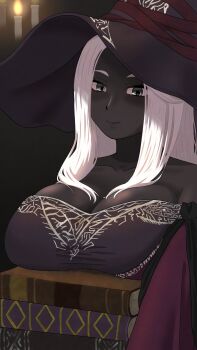 Rule 34 | 1girl, bare shoulders, black skin, book, book stack, breast rest, breasts, candle, carried breast rest, carrying, collarbone, colored skin, commentary, elden ring, grey eyes, happyundergate, hat, hat ribbon, highres, huge breasts, long hair, looking at viewer, recluse (elden ring), red ribbon, ribbon, smile, solo, taut clothes, upper body, white hair, witch hat