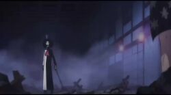 1boy 1girl afro animated audible_speech bare_legs bow brook_(one_piece) coat english_audio floral_print floral_print_kimono japanese_clothes kimono long_hair low_ponytail multicolored_coat nico_robin nico_robin_(onigashima) night one_piece ponytail print_kimono red_bow red_ribbon ribbon rubble skeleton sound tagme two-tone_coat video walking