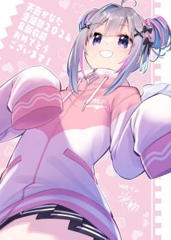 Rule 34 | 1girl, ahoge, amane kanata, angel wings, asymmetrical bangs, black skirt, blue hair, blush, commentary request, double bun, feathered wings, flat chest, grey hair, hair between eyes, hair bun, hair intakes, hikawa shou, hololive, jacket, long sleeves, multicolored hair, open mouth, pink background, pink hair, pink jacket, puffy long sleeves, puffy sleeves, purple eyes, short hair, skirt, smile, solo, streaked hair, translation request, white trim, white wings, wings