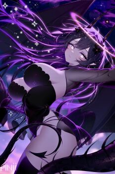 +_+ 1girl :/ ahoge arched_back artist_name black_dress black_flower black_hair black_horns black_tail black_thighhighs black_wings breasts center_opening cepheus_(constellation) cleavage closed_mouth colored_inner_hair commentary commission constellation covered_navel cygnus_(constellation) demon_girl demon_horns demon_tail demon_wings draco_(constellation) dress earrings floating_clothes floating_hair flower from_side glowing glowing_hair gold_earrings gradient_hair hair_between_eyes hair_flower hair_intakes hair_ornament halo head_tilt highleg highleg_dress highres hoop_earrings horns jewelry lacerta_(constellation) large_breasts lens_flare light_particles long_hair long_sleeves looking_at_viewer lyra_(constellation) miniskirt multicolored_hair night night_sky original orion_(constellation) pinji8166 pointy_ears purple_hair purple_halo see-through_clothes see-through_shrug see-through_skirt shrug_(clothing) sideboob sidelocks skirt sky solo sparkle star-shaped_pupils star_(sky) star_(symbol) starry_hair starry_sky strapless strapless_dress streaked_hair symbol-only_commentary symbol-shaped_pupils tail thighhighs thighs turning_head ursa_minor_(constellation) very_long_hair white_eyes wings