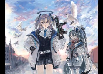 Rule 34 | 2girls, aris (blue archive), bird, black gloves, black hair, black hairband, black jacket, black skirt, blue archive, blue eyes, blue sky, building, cloud, cloudy sky, coat, dove, energy cannon, feet out of frame, gloves, gun, gun on back, hair between eyes, hairband, halo, hand in pocket, hand up, holding, holding gun, holding weapon, jacket, konabetate, long hair, long sleeves, looking at viewer, miniskirt, morning, multiple girls, oekaki, one side up, open clothes, open coat, open mouth, outdoors, pillarboxed, purple eyes, purple hair, red scarf, road, scarf, school uniform, sig mpx, sig sauer, skirt, sky, standing, street, submachine gun, town, trigger discipline, very long hair, weapon, weapon on back, white coat, yuuka (blue archive)