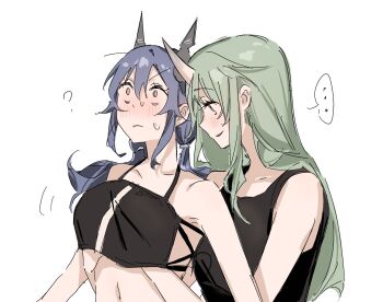Rule 34 | ..., 2girls, arknights, black tank top, black tube top, blue hair, blush, ch'en (arknights), closed mouth, commentary request, dragon horns, grabbing another's breast, grabbing from behind, green hair, groping, hand under clothes, hand under shirt, highres, hill chuchu, horns, hoshiguma (arknights), long hair, multiple girls, parted lips, pink eyes, shirt, simple background, single horn, smile, spoken ellipsis, strapless, sweat, tank top, tube top, upper body, white background, yuri
