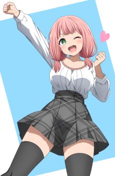 1girl ;d arm_up bang_dream! black_thighhighs breasts colored_skin commentary green_eyes grey_skin hand_up heart highres large_breasts long_sleeves medium_hair noshimurin one_eye_closed open_mouth pink_hair pleated_skirt shirt skirt smile solo teeth thighhighs twintails uehara_himari upper_body upper_teeth_only white_shirt