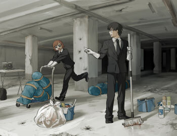 2boys :d absurdres avogado6 black_jacket black_necktie black_pants black_shoes blood body_bag bottle brown_hair bucket bullet_hole cart cleaning commentary_request computer crime_scene formal_clothes glasses gloves hair_ornament hairclip highres jacket lapels laptop male_focus mop multiple_boys necktie notched_lapels open_mouth original pants pointing rubber_gloves shoes smile spray_bottle standing suit suit_jacket sunglasses table trash_bag white_gloves