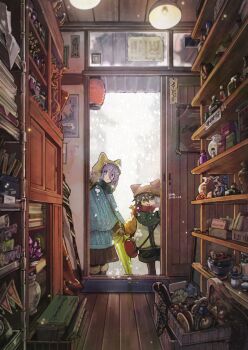 Rule 34 | 2girls, bag, black shorts, blue eyes, brown hair, closed umbrella, coat, commentary request, dated, green eyes, hair between eyes, handbag, hanging light, highres, holding, holding umbrella, indoors, long hair, long sleeves, multiple girls, open mouth, original, purple hair, red bag, red scarf, scarf, scenery, shorts, smile, snow, snowing, umbrella, yamabuki (haruirokerria)