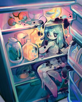 Rule 34 | 1girl, banana, bread, coffee mug, cup, eyelashes, feefal, food, fruit, fungi, highres, jar, mold, mold girl, moldy food, monster girl, mug, orange (fruit), original, pickle, refrigerator, sitting, smile, solo, watermelon