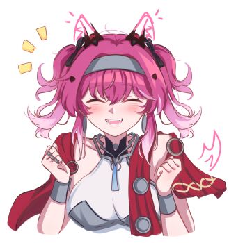 Rule 34 | 1girl, absurdres, breasts, closed eyes, collar, commentary, drawn ears, drawn tail, earrings, facing viewer, hands up, highres, jewelry, long hair, lupa (wuthering waves), medium breasts, metal collar, notice lines, open mouth, pink hair, red sash, sash, simple background, smile, solo, twintails, white background, wuthering waves, zevi (zevi ii)