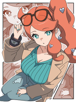 1girl aqua_eyes aqua_nails aqua_shirt aqua_sweater black-framed_eyewear breasts brown_coat brown_jacket cleavage coat commentary eyewear_on_head green_eyes green_nails hair_ornament heart heart_hair_ornament highres jacket kanbei_(pixiv11037490) large_breasts long_hair looking_at_viewer nintendo open_clothes open_jacket orange-tinted_eyewear orange_hair pants parted_lips pokemon pokemon_swsh ribbed_shirt shirt side_ponytail solo sonia_(pokemon) sunglasses sweater swept_bangs symbol-only_commentary tinted_eyewear zoom_layer