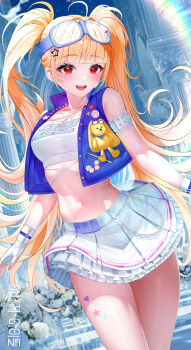 1girl :d absurdres ahoge arm_strap armband bandeau bare_shoulders blonde_hair blue_jacket breasts cowboy_shot crop_top day fingerless_gloves frilled_skirt frills gloves goggles goggles_on_head hair_ornament highres jacket jewelry jingburger korean_commentary long_hair looking_at_viewer medium_breasts midriff miniskirt mole mole_under_eye navel necklace open_clothes open_jacket open_mouth outdoors pleated_skirt red_eyes shirt skirt sleeveless sleeveless_shirt smile solo standing star_(symbol) stomach tattoo thighs twintails very_long_hair vest virtual_youtuber waktaverse white_gloves white_shirt white_skirt yeon_do_e