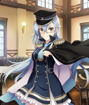 Rule 34 | 1girl, black cape, black hat, blue cape, blue dress, blue hair, braid, breasts, buttons, cape, chair, couch, cowboy shot, dot nose, double-breasted, dress, epaulettes, game cg, half up braid, hand up, hat, indoors, kitora mirja, large breasts, long hair, military hat, military uniform, official art, purple-framed eyewear, purple cape, ringed eyes, solo, table, taishou, third-party source, toji no miko, toji no miko: kizamishi issen no tomoshibi, very long hair, wall lamp, window, wooden floor, yellow eyes