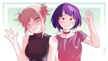 Rule 34 | 2girls, artist name, audio jack, bare shoulders, bilingual commentary, blonde hair, blush, boku no hero academia, closed mouth, commentary, english commentary, grin, jiro kyoka, long earlobes, looking at viewer, mixed-language commentary, multiple girls, pink shirt, purple hair, shirt, short hair, short sleeves, simio, sleeveless, sleeveless sweater, smile, sweater, toga himiko, yellow eyes