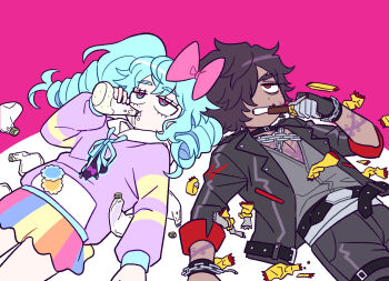 1boy 1girl belt black_belt black_jacket black_pants blue_hair bottle bow candy chain chocolate chocolate_bar commentary_request dark-skinned_male dark_skin drill_hair drinking eating empty_bottle food grey_shirt hair_bow hair_over_one_eye holding holding_bottle hood hoodie idol_land_pripara jacket jitome katasumi_amari lau_(laustar30) leather leather_jacket long_hair long_sleeves lying mario mario_(pripara) mayonnaise_bottle on_back pants pink_bow pink_eyes pretty_series pripara purple_hoodie red_eyes shirt short_hair twin_drills twintails