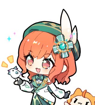 Rule 34 | 1girl, ahoge, ambird (infinity nikki), animal, argyle clothes, argyle hat, beret, bird, bird on hand, black gloves, bow, bowtie, brown eyes, buttons, cat, cherilynorz, chibi, chinese commentary, cloak, clothed animal, coat, collared coat, commentary request, contrast lapels, cowboy shot, dress shirt, ear covers, eyelashes, fingerless gloves, gem, gem hair ornament, gloves, green bow, green bowtie, green gem, green hat, green shorts, hair bow, happy, hat, hat feather, hood, hood up, hooded cloak, infinity nikki, lapel pin, lapels, light blush, long sleeves, looking ahead, meadow symphony (infinity nikki), medium hair, momo (nikki), musical note brooch, nikki (series), notched lapels, notice lines, open mouth, orange hair, outline, outstretched hand, pocket, puffy long sleeves, puffy sleeves, shirt, shorts, simple background, smile, sparkle, standing, star (symbol), star in eye, symbol in eye, tareme, traditional bowtie, treble clef, wavy hair, white background, white bird, white cat, white coat, white outline, white shirt, yellow cloak