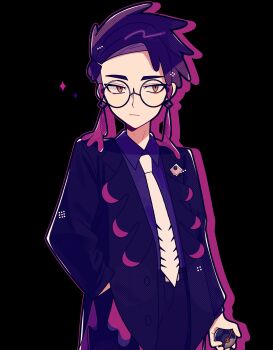 1boy absurdres black_background blue_jacket closed_mouth collared_shirt commentary_request corbeau_(pokemon) cowboy_shot drop_shadow earrings glasses hand_in_pocket highres holding holding_poke_ball jacket jewelry long_sleeves male_focus necktie nintendo okayu_(cwtv7823) open_clothes open_jacket poke_ball pokemon pokemon_legends:_z-a purple_hair purple_shirt round_eyewear shirt short_hair simple_background solo sparkle white_necktie yellow_eyes