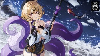 1girl artist_request blonde_hair breasts cleavage high-waist_shorts highres index_finger_raised large_breasts looking_at_viewer mole mole_under_mouth monster_girl purple_eyes scylla second-party_source short_hair shorts smile solo tentacle_girl tentacle_tail tentacles yidhari_murphy zenless_zone_zero