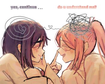 2girls alien_stage blush brown_hair closed_eyes closed_mouth english_text finger_to_another&#039;s_nose hand_on_another&#039;s_face hashtag-only_commentary heart highres long_hair long_sleeves mizi_(alien_stage) multiple_girls open_mouth pink_hair ponytail short_hair sidelocks simple_background sitting smile sua_(alien_stage) sweater teeth white_background yuri