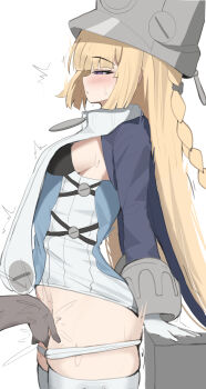 1girl absurdres blonde_hair blue_jacket blush breasts commentary_request fahufahu fingering from_side gloves grey_hat half-closed_eyes hat highres jacket long_hair norma_hollowell panties panty_pull parted_lips purple_eyes pussy_juice sideboob simple_background small_breasts solo_focus sweat thighhighs underwear very_long_hair white_background white_gloves white_panties white_thighhighs zenless_zone_zero