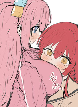 2girls absurdres between_breasts blue_eyes blush bocchi_the_rock! bow bowtie breasts brown_shirt cube_hair_ornament gotoh_hitori hair_ornament head_on_chest highres jacket kita_ikuyo long_hair multiple_girls pink_hair pink_jacket red_bow red_bowtie red_hair school_uniform shirt shuka_high_school_uniform side_ahoge side_ponytail simple_background sunya_(honorin-yuunibo) sweatdrop white_background yellow_eyes yuri