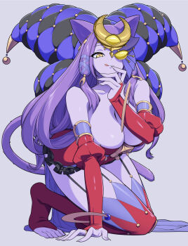 Rule 34 | 1girl, bare shoulders, breasts, bridal gauntlets, cat tail, cleavage, colored skin, commentary request, duel monster, garter straps, half mask, highres, kneeling, large breasts, licking lips, long hair, looking at viewer, lunalight perfume dancer, mask, naruyan mk-ii, purple hair, purple skin, solo, tail, thighhighs, tongue, tongue out, yellow eyes, yu-gi-oh!