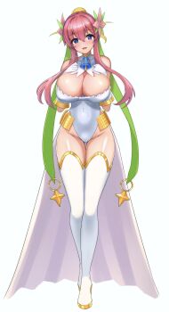 1girl blonde_hair boots breasts cleavage commentary_request covered_navel duel_masters flower gloves gold_trim green_hair_ornament hair_flower hair_ornament high_ponytail highres large_breasts leotard long_hair looking_at_viewer multicolored_hair open_mouth pink_hair ponytail rafululu_love_(duel_masters) sidelocks solo tanityu thigh_boots white_background white_boots white_gloves white_leotard