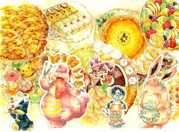 absurdres apple apple_slice apron blueberry cherry cream_puff cup dessert drinking_glass food food_focus fruit gaku_poopo gen_1_pokemon gen_2_pokemon gen_4_pokemon highres holding holding_tongs holding_tray kiwi_(fruit) kiwi_slice lickilicky maid_headdress munchlax nintendo orange_(fruit) orange_slice painting_(medium) pancake pie pikachu pokemon pokemon_(creature) raspberry snubbull strawberry sweets tongs traditional_media tray waist_apron watercolor_(medium) weight_conscious wigglytuff wine_glass