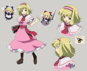 1girl alice_margatroid alternate_color alternate_costume blonde_hair book boots dress hairband holding holding_book holding_weapon lunamoon official_art pink_dress pink_hairband puppet_strings reference_sheet shanghai_doll short_hair smile solo the_memories_of_phantasm touhou weapon yellow_eyes