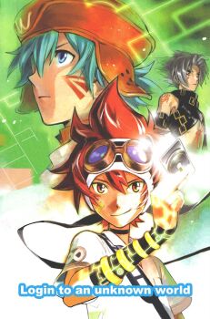 .hack// .hack//link 3boys aqua_hair bandai blue_eyes cyber_connect_2 goggles grey_hair haseo haseo_(.hack//) hat kikuya_megane kite_(.hack//) kite_(hack) kuryuu_tokio male_focus multiple_boys official_art red_eyes red_hair strap tattoo