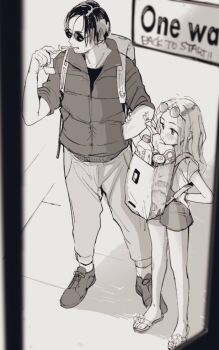 Rule 34 | 1girl, bad id, bad twitter id, bag, black hair, blush, cigarette, glasses, inactive account, long hair, masuda (yousaytwosin), monochrome, original, shoes, short hair, short shorts, shorts, smoking