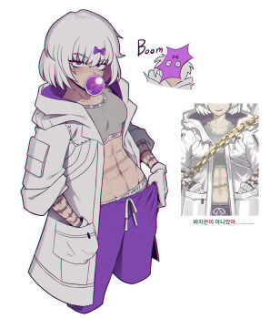 Rule 34 | 1girl, abs, blowing bubble gum, bow, breasts, chewing gum, commentary request, gloves, grey hair, grey sports bra, hair bow, hand in pocket, highres, hood, hood down, hoodie, kira (project moon), korean text, limbus company, looking at viewer, misg1111, navel, pants, project moon, purple bow, purple eyes, purple pants, reference inset, scar, scar on stomach, simple background, sports bra, stomach, tattoo, toned, toned female, track pants, translation request, white background, white gloves