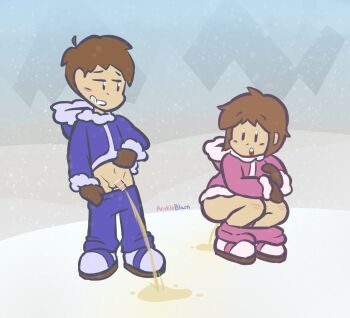 1boy 1girl arnkleblarn bar_censor black_eyes blue_jacket blue_pants blue_shoes blush boots brown_gloves brown_hair brown_mittens censored clothes_pull fur-trimmed_jacket fur_trim gloves grin highres ice_climber jacket loli long_sleeves mittens mountain nana_(ice_climber) navel nintendo open_mouth outdoors pants pants_pull parka peeing peeing_together penis pink_jacket pink_pants pink_shoes popo_(ice_climber) puddle shoes short_hair shota small_penis smile snow squatting standing teeth