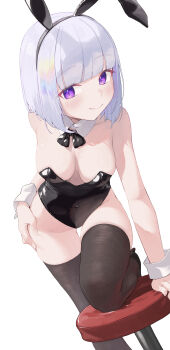 1girl absurdres animal_ear_hairband animal_ears ayatsuno_yuni black_bow black_bowtie black_leotard black_thighhighs blue_hair bow bowtie breasts chair cleavage commentary covered_navel detached_collar fake_animal_ears hairband hand_on_own_hip highres leaning_forward leotard looking_at_viewer nmm playboy_bunny purple_eyes rabbit_ear_hairband rabbit_ears shiny_leotard short_hair simple_background smile solo stellive thighhighs virtual_youtuber white_background white_wrist_cuffs wrist_cuffs