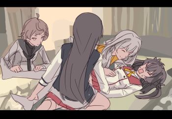 Rule 34 | 4girls, ahoge, asakura mihono, ayanokouji martial arts school uniform, black jacket, black neckerchief, brown hair, closed eyes, closed mouth, commentary request, grey hair, hair between eyes, hitakami makoto, inago akira, jacket, letterboxed, long hair, long sleeves, looking at another, lying, manatsu no yo no inmu, mashitono desu, medium hair, minoseki gakuin uniform, multiple girls, neck ribbon, neckerchief, no shoes, on back, open mouth, orange ribbon, osafune girls academy school uniform, pleated skirt, red skirt, ribbon, sailor collar, school uniform, shirt, short hair, sidelocks, sitting, sketch, skirt, smile, sweat, thighhighs, toji no miko, toribane yuuki, white shirt, white thighhighs, winter uniform, yuri