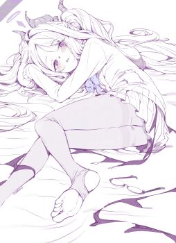 1girl blue_archive glasses hina_(blue_archive) horns looking_at_viewer lying on_side purple_eyes solo stirrup_legwear toeless_legwear unworn_eyewear youguo_naberu