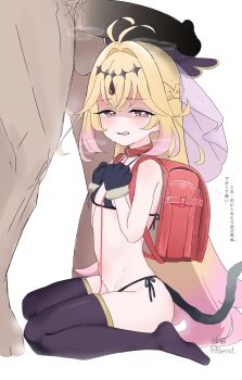 1boy 1girl animal_collar animal_ears animal_hands backpack bag bdsm bikini black_bikini black_gloves black_thighhighs blank_censor blonde_hair blush braid cat_tail censored collar cure_arcana_shadow fake_tail flat_chest gloves gradient_hair head_out_of_frame hetero large_penis leash loli long_hair maka_ritsu male_pubic_hair meitantei_precure! micro_bikini moria_luluka multicolored_hair nude open_mouth paw_gloves penis penis_on_head pet_play pink_eyes pink_hair precure pubic_hair randoseru red_bag red_collar side-tie_bikini_bottom simple_background sitting slave solo_focus swimsuit tail testicles thighhighs veil very_long_hair wariza white_background