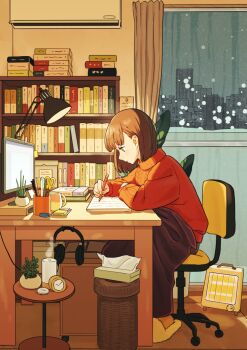1girl analog_clock aran_sweater arms_on_table blanket book bookshelf brown_hair building cable_knit chair clock closed_mouth commentary_request cup curtains desk desk_lamp expressionless from_side full_body headphones highres holding holding_pencil indoors lamp long_sleeves matsumine_(twin-mix) monitor mug night office_chair on_chair orange_sweater original pencil pencil_sharpener pile_of_books plant potted_plant scissors short_hair sitting skyline skyscraper slice_of_life slippers solo sweater swivel_chair table tissue_box trash_can turtleneck turtleneck_sweater window writing