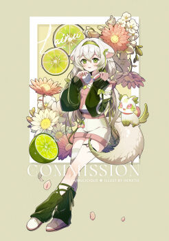 1girl absurdres animal animal_ears artist_name character_name commission falling_petals ferret_ears ferret_girl ferret_tail flower food fruit green_eyes green_hairband green_nails hairband headphones headphones_around_neck hen-tie highres indie_virtual_youtuber laimu_(vtuber) lime_(fruit) lime_slice long_sleeves multicolored_nails open_mouth petals pink_flower pink_nails shoes virtual_youtuber white_flower white_hair white_shoes