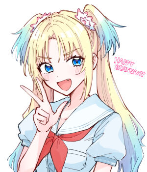 1girl :d blonde_hair blue_dress blue_eyes blue_hair breast_pocket commentary curtained_hair dress fang flower gradient_hair hair_flower hair_ornament happy_birthday hasu_no_sora_school_uniform highres link!_like!_love_live! looking_at_viewer love_live! multicolored_hair neckerchief open_mouth osawa_rurino parted_bangs pink_flower pocket puffy_short_sleeves puffy_sleeves red_neckerchief sailor_collar sailor_dress school_uniform short_sleeves simple_background smile solo summer_uniform symbol-only_commentary twintails upper_body virtual_youtuber w white_background white_sailor_collar zangemiya