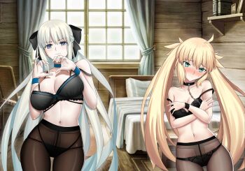 2girls absurdres ahoge artoria_caster_(fate) artoria_pendragon_(fate) bare_shoulders bed black_bow black_bra black_choker black_panties blonde_hair blue_eyes blush book bookshelf bow bra braid breasts brown_pantyhose cabin chain chain_leash choker cleavage closed_mouth collarbone commentary cowboy_shot crossed_arms english_commentary fate/grand_order fate_(series) green_eyes grey_hair hair_between_eyes hair_bow highres indoors lace lace-trimmed_bra lace-trimmed_panties lace_trim large_breasts leash lingerie log_cabin long_hair longdq3008 looking_at_viewer medium_breasts morgan_le_fay_(fate) multiple_girls navel nervous_smile no_headwear panties panties_under_pantyhose pantyhose ponytail sidelocks skindentation smile sweatdrop thighs twintails underwear underwear_only very_long_hair window wooden_floor
