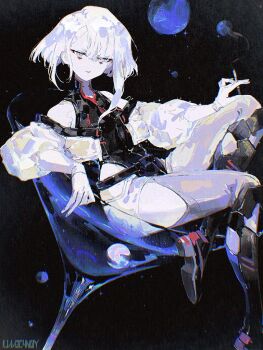 Rule 34 | 1girl, artist name, bare shoulders, between fingers, black leotard, cigarette, commentary, cyberpunk: edgerunners, cyberpunk (series), english commentary, eyeshadow, full body, heattech leotard, holding, holding cigarette, jacket, l1m3candy, leotard, looking at viewer, lucy (cyberpunk), makeup, off-shoulder jacket, off shoulder, open clothes, open jacket, red eyeshadow, red lining, red lips, short hair, shorts, single sidelock, sleeveless, sleeveless turtleneck, smoke, smoke trail, solo, turtleneck, white hair, white jacket, white shorts, window