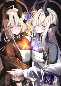 Rule 34 | 2girls, absurdres, ahoge, arknights, averting eyes, black horns, black shirt, blonde hair, blush, bodystocking, breasts, brown horns, closed mouth, commentary, covered collarbone, dress, embarrassed, fire, flame-tipped tail, grey eyes, hair over one eye, hand on another's arm, highres, horns, long hair, looking at viewer, medium breasts, mo komo momo, multiple girls, necrass (arknights), one eye covered, parted lips, reed (arknights), reed the flame shadow (arknights), shirt, siblings, sisters, tail, tail raised, upper body, white dress