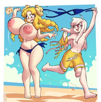 2girls absurdres alternate_breast_size_(larger) barefoot beach bikini blonde_hair blue_bikini blue_sky borvar breasts brown_eyes commentary day drill_hair embarrassed english_commentary fate/grand_order fate/hollow_ataraxia fate_(series) flat_chest flower futanari gigantic_breasts hair_flower hair_ornament half-erect highres holding holding_swimsuit holding_unworn_clothes huge_penis illyasviel_von_einzbern long_hair looking_at_another luviagelita_edelfelt male_swimwear multiple_girls nipples open_mouth outdoors penis red_eyes running sky swim_trunks swimsuit topless_female undressing_another unworn_bikini_top unworn_swimsuit white_hair yellow_male_swimwear