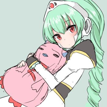 1girl blush closed_mouth commentary_request dress dutch_angle female_focus galaxy_angel gold_trim green_background green_hair hair_between_eyes head_tilt headgear hugging_object juliet_sleeves long_hair long_sleeves looking_at_viewer malice_stella puffy_sleeves red_eyes simple_background sketch solo stuffed_animal stuffed_toy vanilla_h very_long_hair white_dress