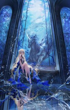 1girl bare_shoulders barefoot black_dress blonde_hair breasts cartethyia_(wuthering_waves) closed_eyes closed_mouth commentary crown_of_thorns different_reflection dress feet fleurdelys_(wuthering_waves) hashtag-only_commentary highres imperator_(wuthering_waves) large_breasts long_hair maplesyrupbeans medium_breasts pointy_ears reflection sidelocks sitting solo statue tabard toes very_long_hair watermark white_tabard wide_shot wuthering_waves