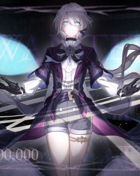 1boy arms_up belt black_gloves blue_eyes chinese_commentary closed_mouth collar commentary_request elio_(honkai:_star_rail) evil_smile floating_hair formal_clothes frilled_collar frilled_sleeves frills gloves glowing glowing_eyes hair_between_eyes hair_ribbon highres honkai:_star_rail honkai_(series) jewelry jiabaina layered_sleeves light_blush long_sleeves looking_at_viewer looking_down low_ponytail ponytail procreate_(medium) ribbon shade shaded_face short_sleeves shorts smile solo suit thighlet thighs upper_body white_hair