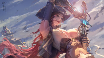 1girl absurdres bodice breasts cigarette cloud cloudy_sky commentary_request cowboy_hat cropped_jacket hat highres holding holding_sword holding_weapon large_breasts lips long_hair mechanical_arms original red_hair sheathed_cut sheathing sky smoking solo sword tuweibu weapon