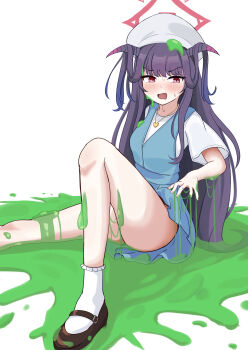 Rule 34 | 1girl, black hair, blue archive, blush, demon girl, demon horns, fuuka (blue archive), fuuka (casual) (blue archive), halo, hat, highres, horns, long hair, looking at viewer, official alternate costume, open mouth, peppo-mk3, red eyes, shirt, short sleeves, sidelocks, sitting, slime (substance), solo, sticky, white hat, white shirt